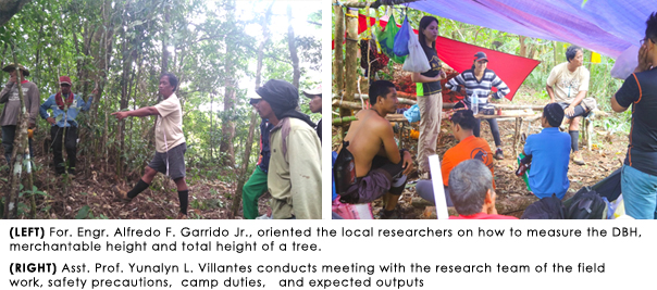  LEFT For. Engr. Alfredo F. Garrido Jr., oriented the local researchers on how to measure the DBH, merchantable height and total height of a tree, RIGHT Asst. Prof. Yunalyn L. Villantes conducts meeting with the research team of the field  work, safety precautions,  camp duties,   and expected outputs
 